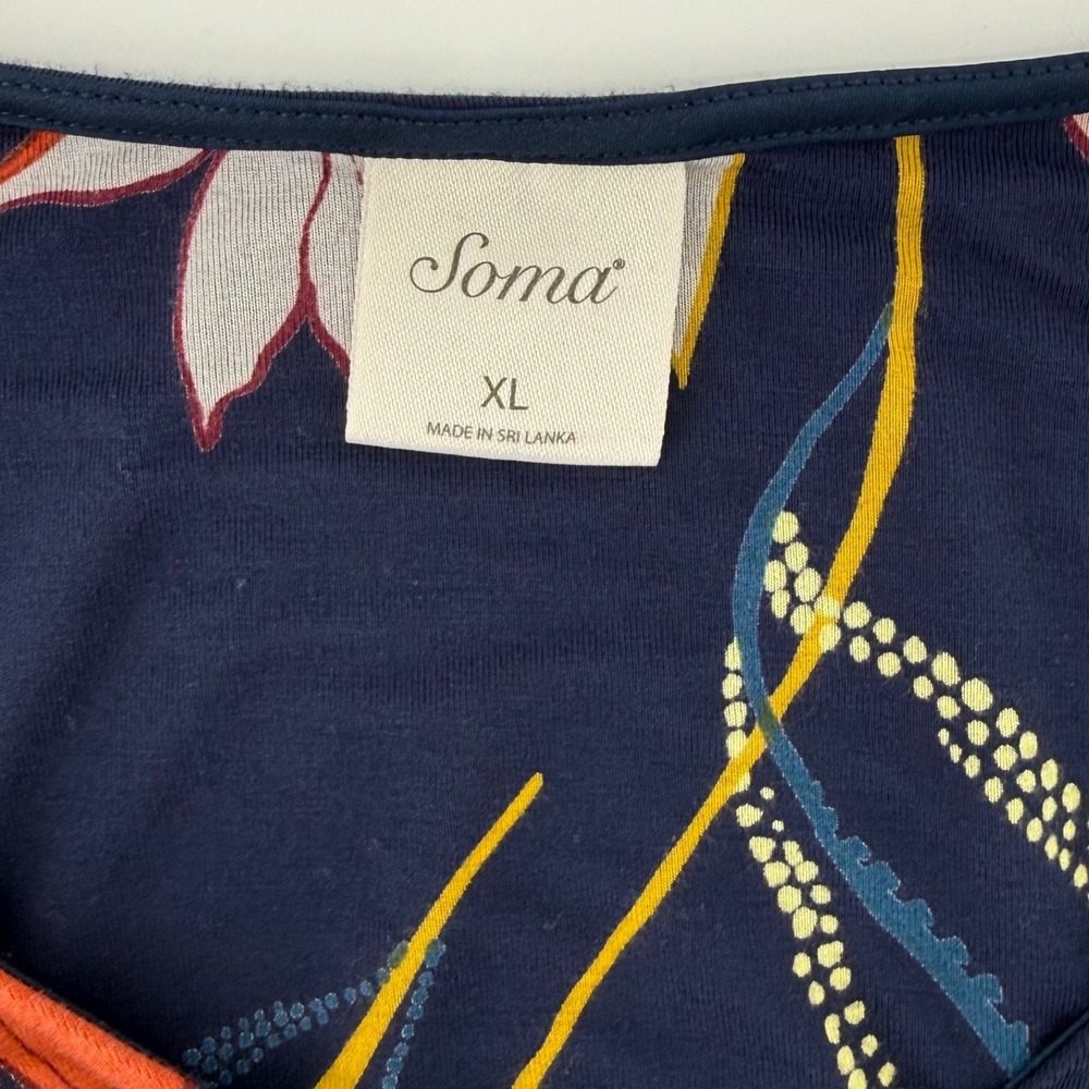 Soma Women XL Navy Blue Floral V-Neck Sleep Shirt Short Sleeve Pocket Lounge Top - Picture 3 of 6